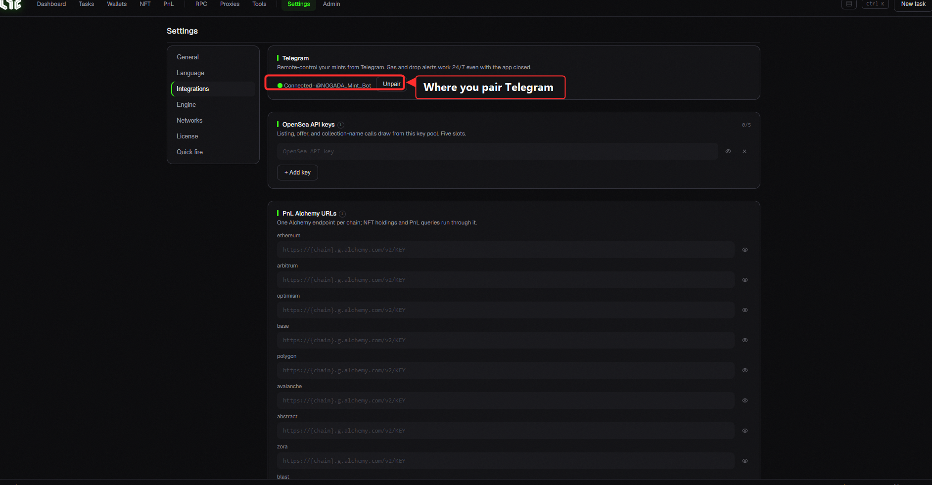 Settings - Integrations (Telegram pairing)