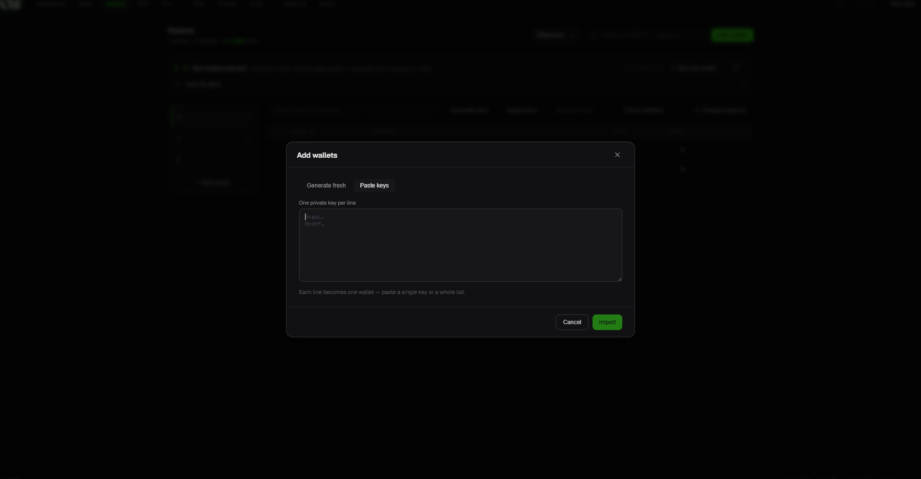 Import keys modal